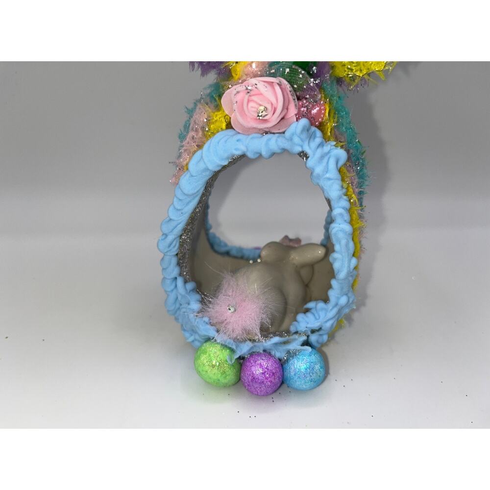 Vintage Ceramic Ornament Bunny Diorama Egg Greenbrier Pastel Eggs Flowers OOAK - Picture 8 of 13